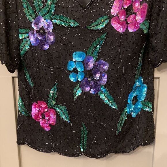 stenay Vintage 80s 100% Silk Beaded Sequined Flower Top Blouse Size Large - Picture 4 of 7